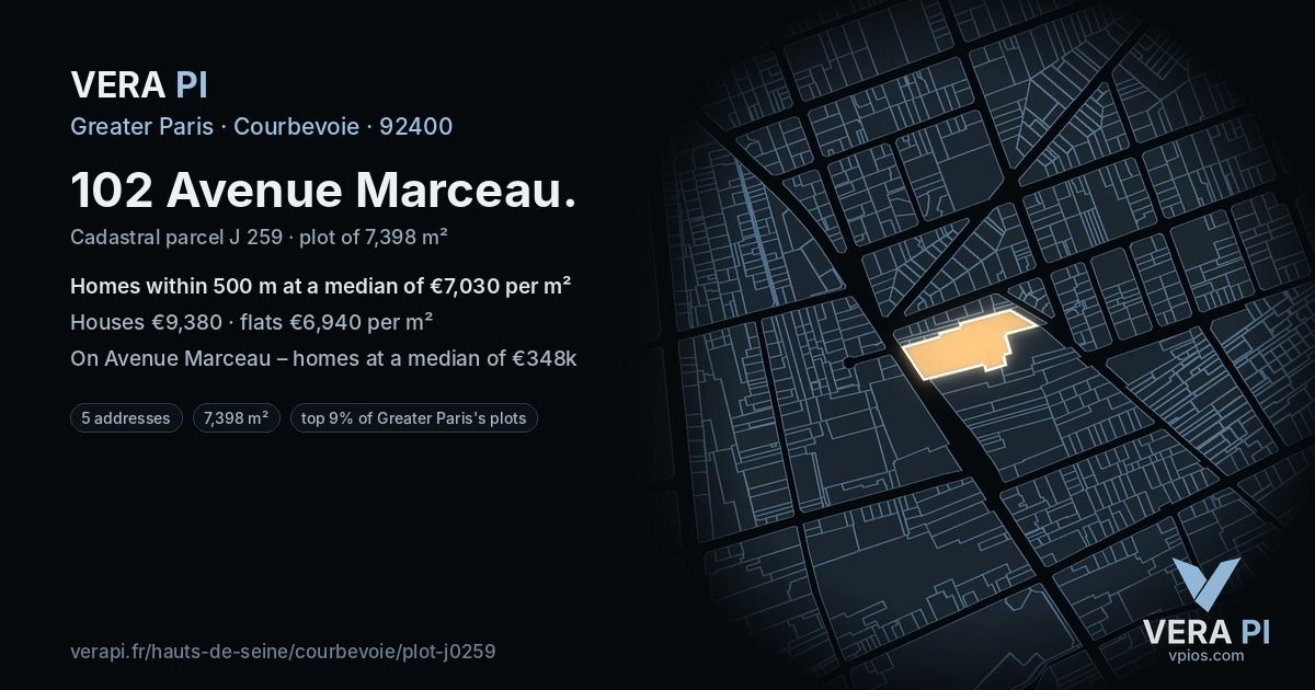 102 Avenue Marceau, Courbevoie at night – the plot lit, the parcels around coloured by the prices near them