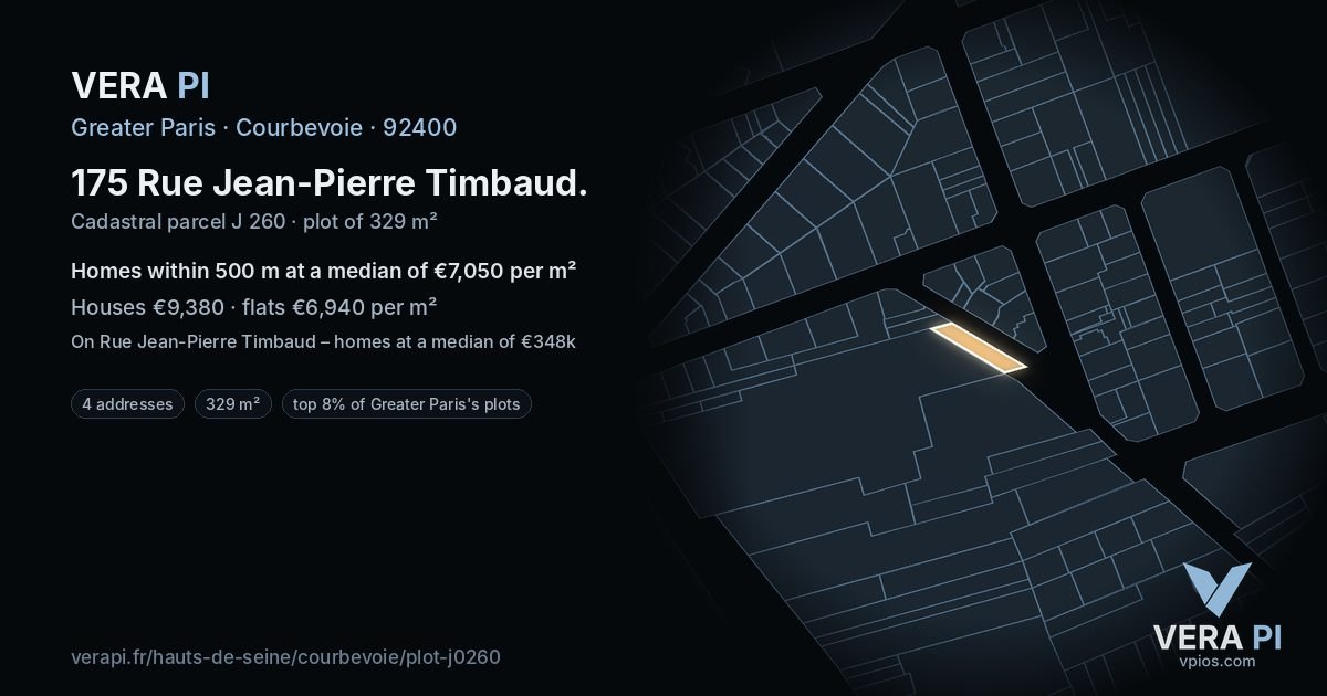 175 Rue Jean-Pierre Timbaud, Courbevoie at night – the plot lit, the parcels around coloured by the prices near them