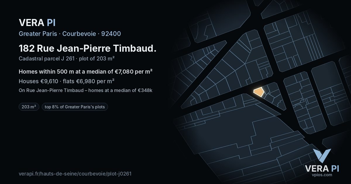 182 Rue Jean-Pierre Timbaud, Courbevoie at night – the plot lit, the parcels around coloured by the prices near them