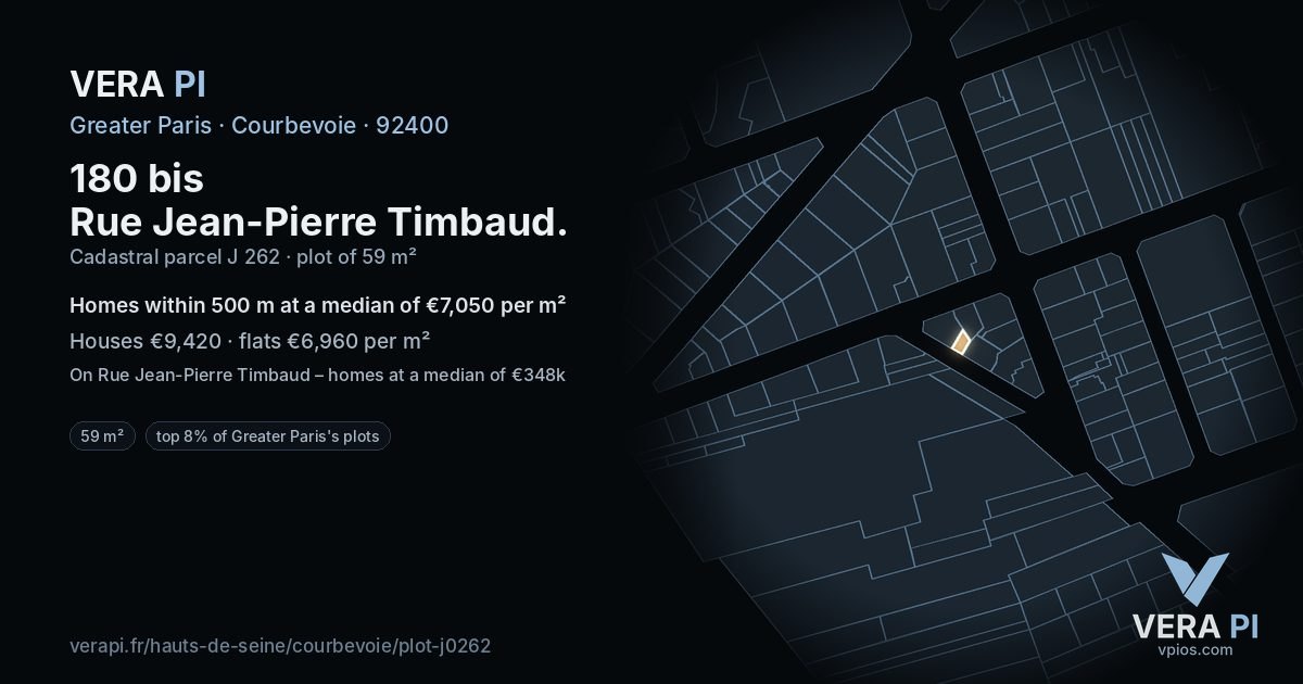 180 bis Rue Jean-Pierre Timbaud, Courbevoie at night – the plot lit, the parcels around coloured by the prices near them