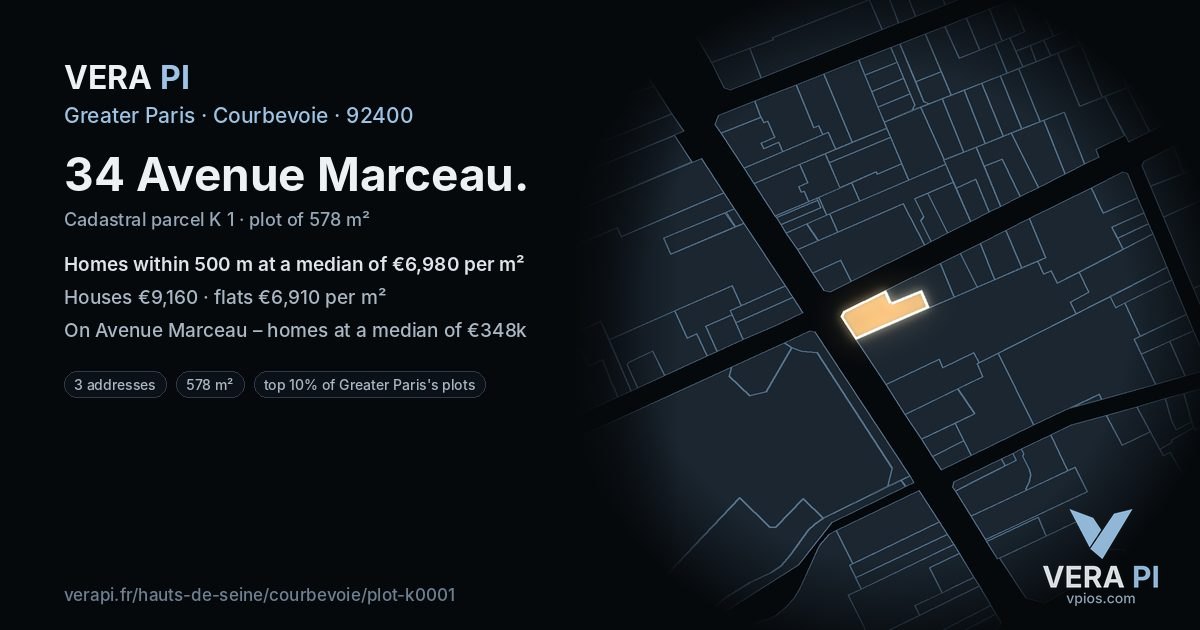 34 Avenue Marceau, Courbevoie at night – the plot lit, the parcels around coloured by the prices near them