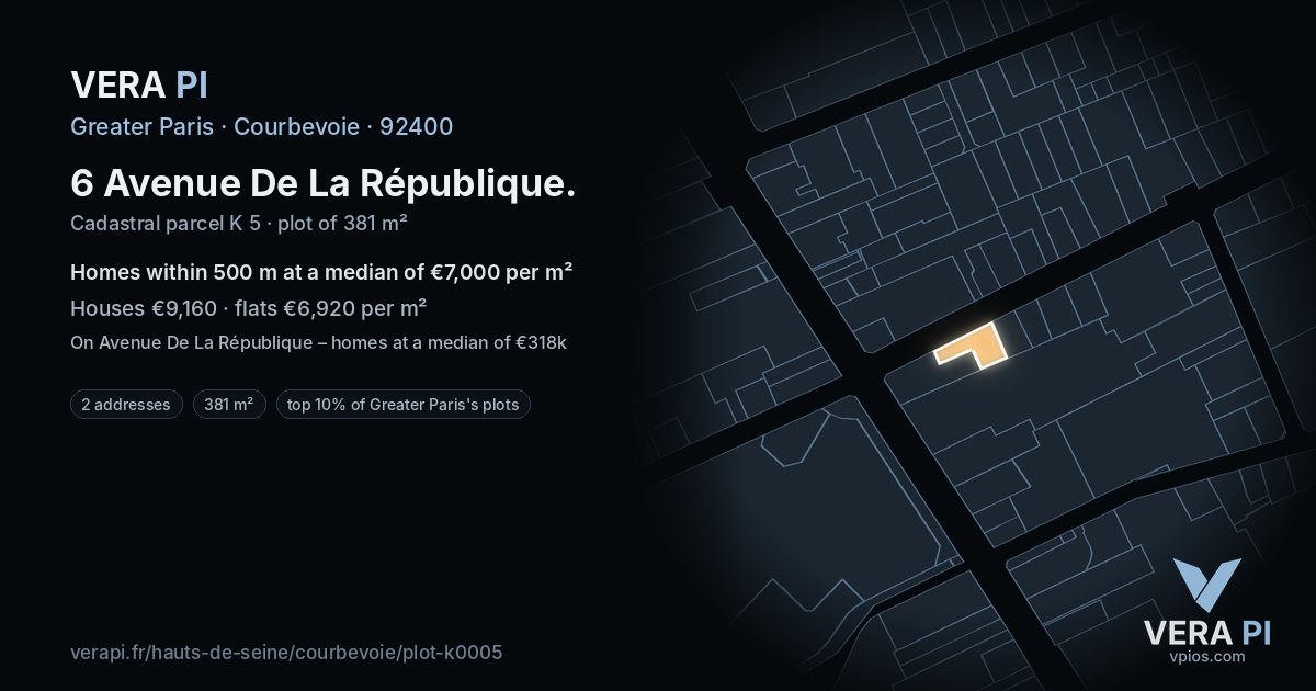 6 Avenue De La République, Courbevoie at night – the plot lit, the parcels around coloured by the prices near them