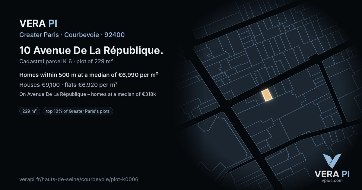 10 Avenue De La République, Courbevoie at night – the plot lit, the parcels around coloured by the prices near them