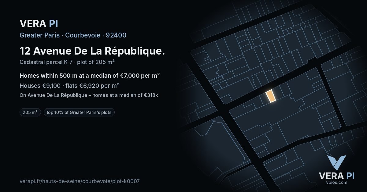 12 Avenue De La République, Courbevoie at night – the plot lit, the parcels around coloured by the prices near them