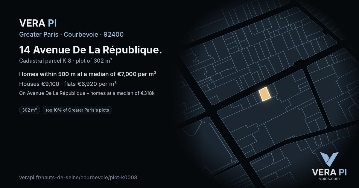 14 Avenue De La République, Courbevoie at night – the plot lit, the parcels around coloured by the prices near them