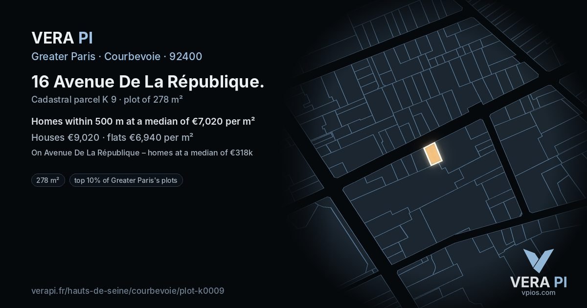 16 Avenue De La République, Courbevoie at night – the plot lit, the parcels around coloured by the prices near them