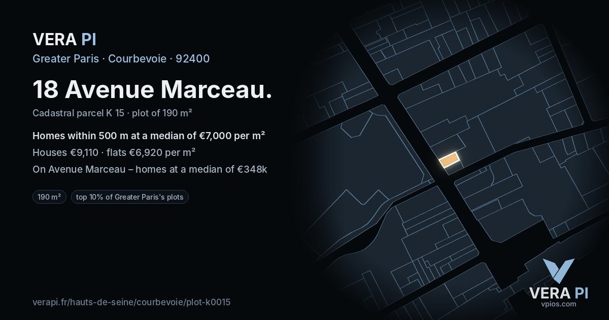 18 Avenue Marceau, Courbevoie at night – the plot lit, the parcels around coloured by the prices near them