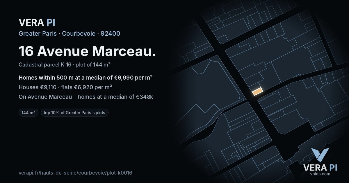 16 Avenue Marceau, Courbevoie at night – the plot lit, the parcels around coloured by the prices near them