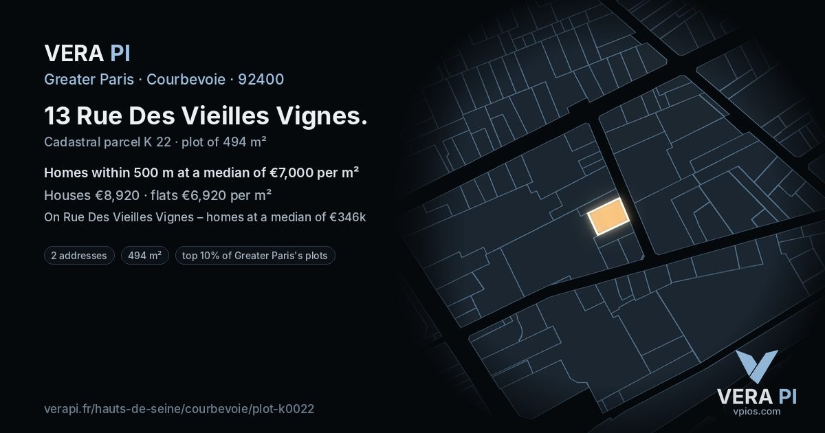 13 Rue Des Vieilles Vignes, Courbevoie at night – the plot lit, the parcels around coloured by the prices near them