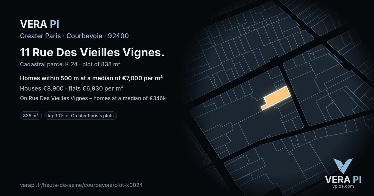 11 Rue Des Vieilles Vignes, Courbevoie at night – the plot lit, the parcels around coloured by the prices near them