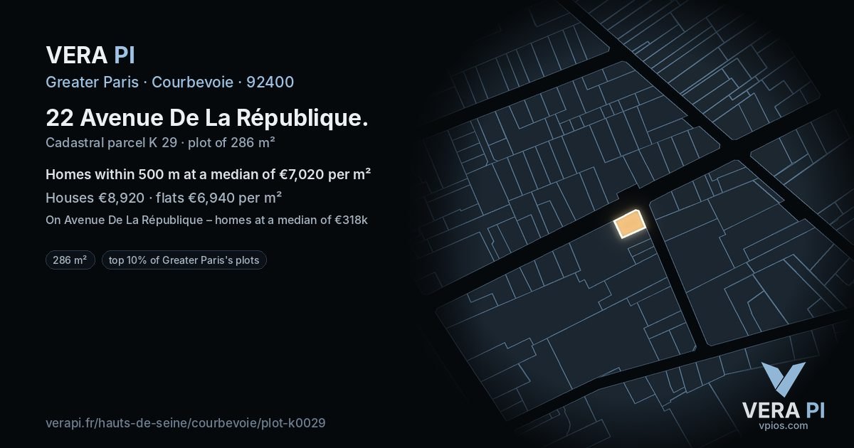 22 Avenue De La République, Courbevoie at night – the plot lit, the parcels around coloured by the prices near them