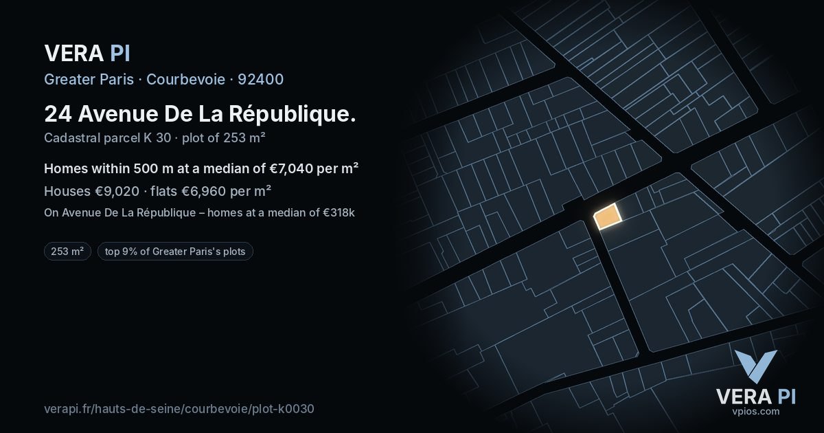 24 Avenue De La République, Courbevoie at night – the plot lit, the parcels around coloured by the prices near them