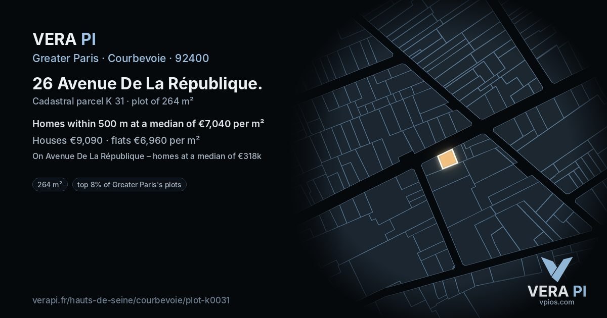26 Avenue De La République, Courbevoie at night – the plot lit, the parcels around coloured by the prices near them