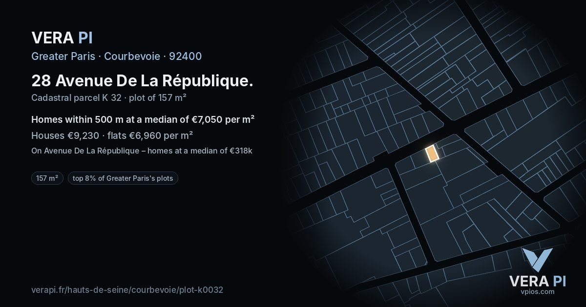 28 Avenue De La République, Courbevoie at night – the plot lit, the parcels around coloured by the prices near them