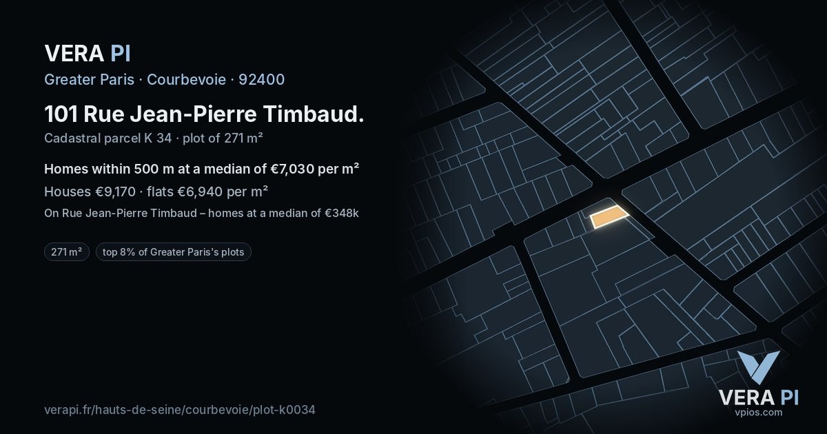 101 Rue Jean-Pierre Timbaud, Courbevoie at night – the plot lit, the parcels around coloured by the prices near them