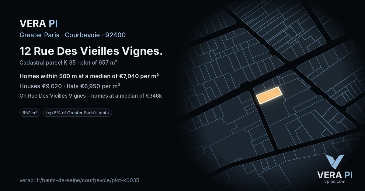 12 Rue Des Vieilles Vignes, Courbevoie at night – the plot lit, the parcels around coloured by the prices near them