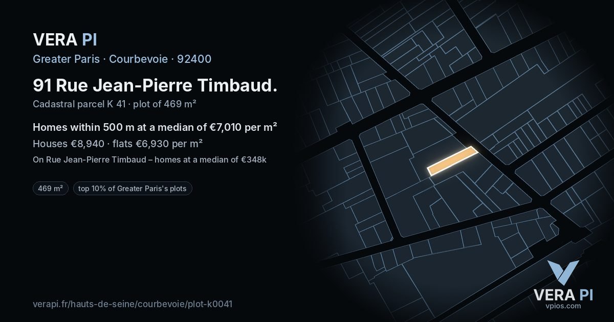 91 Rue Jean-Pierre Timbaud, Courbevoie at night – the plot lit, the parcels around coloured by the prices near them