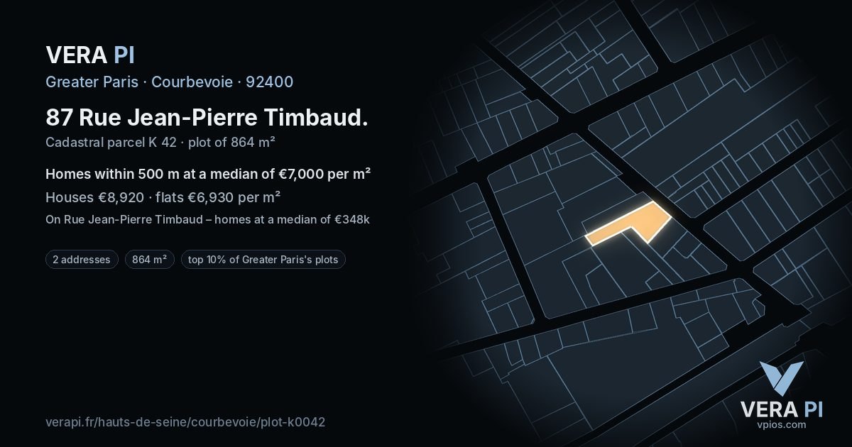 87 Rue Jean-Pierre Timbaud, Courbevoie at night – the plot lit, the parcels around coloured by the prices near them