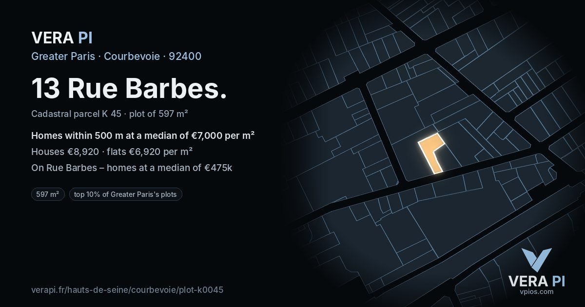 13 Rue Barbes, Courbevoie at night – the plot lit, the parcels around coloured by the prices near them