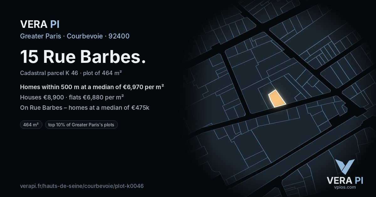 15 Rue Barbes, Courbevoie at night – the plot lit, the parcels around coloured by the prices near them