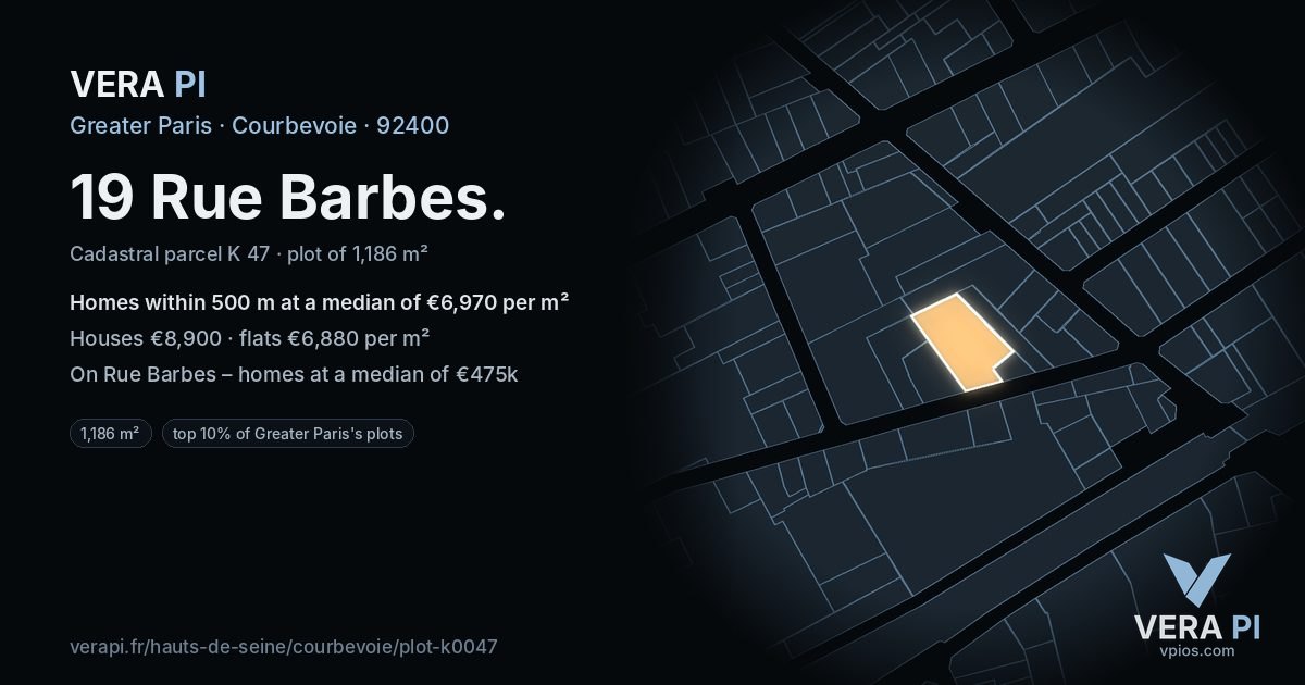 19 Rue Barbes, Courbevoie at night – the plot lit, the parcels around coloured by the prices near them