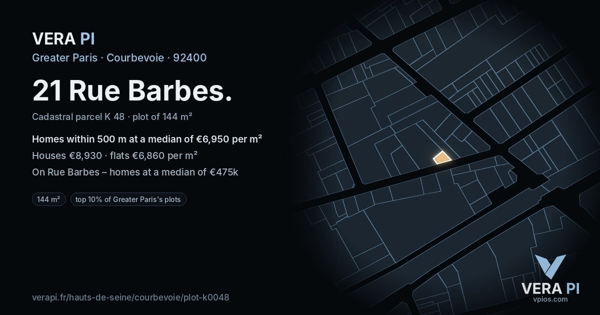21 Rue Barbes, Courbevoie at night – the plot lit, the parcels around coloured by the prices near them