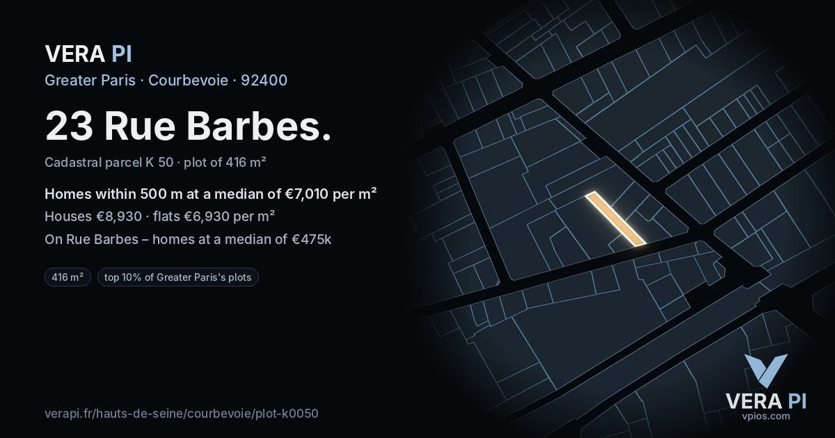 23 Rue Barbes, Courbevoie at night – the plot lit, the parcels around coloured by the prices near them