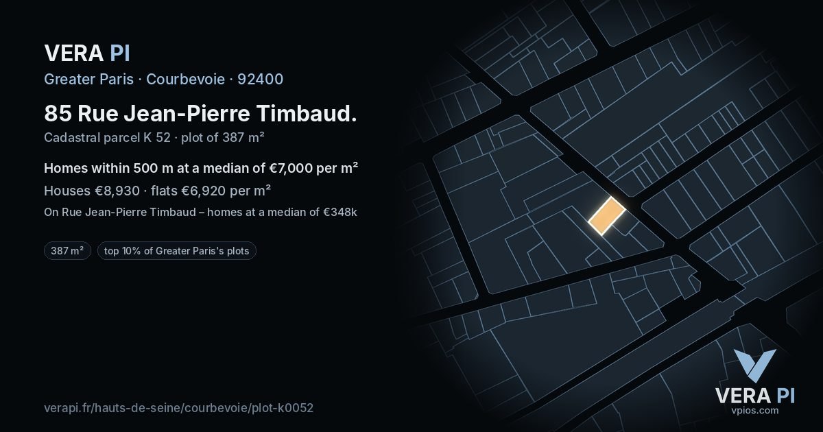 85 Rue Jean-Pierre Timbaud, Courbevoie at night – the plot lit, the parcels around coloured by the prices near them
