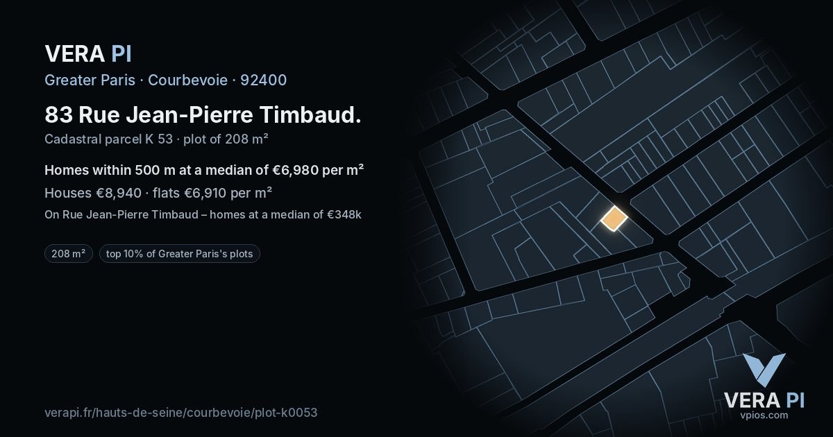83 Rue Jean-Pierre Timbaud, Courbevoie at night – the plot lit, the parcels around coloured by the prices near them