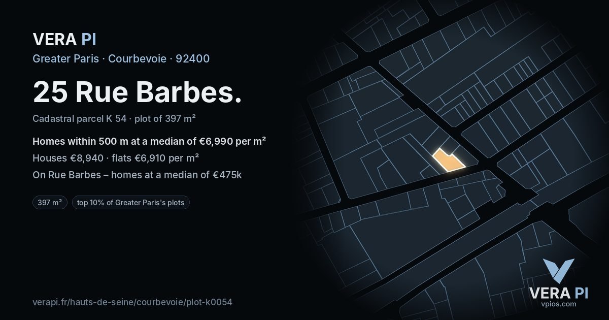 25 Rue Barbes, Courbevoie at night – the plot lit, the parcels around coloured by the prices near them