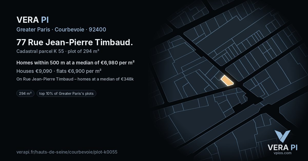 77 Rue Jean-Pierre Timbaud, Courbevoie at night – the plot lit, the parcels around coloured by the prices near them