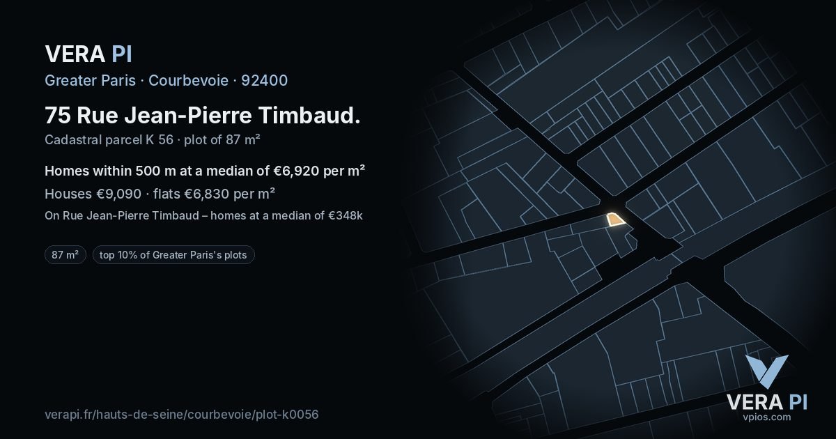 75 Rue Jean-Pierre Timbaud, Courbevoie at night – the plot lit, the parcels around coloured by the prices near them