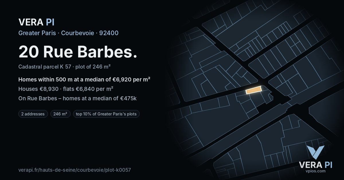 20 Rue Barbes, Courbevoie at night – the plot lit, the parcels around coloured by the prices near them
