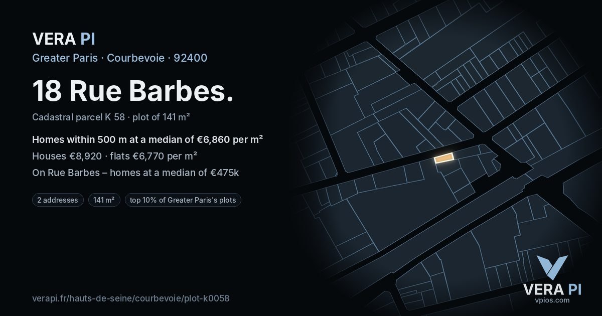 18 Rue Barbes, Courbevoie at night – the plot lit, the parcels around coloured by the prices near them