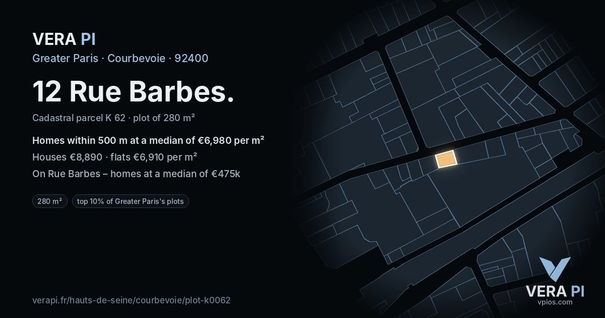 12 Rue Barbes, Courbevoie at night – the plot lit, the parcels around coloured by the prices near them