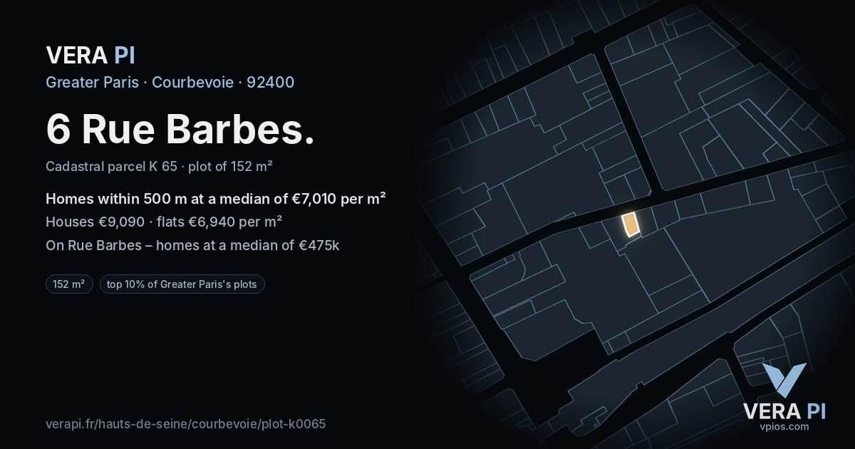 6 Rue Barbes, Courbevoie at night – the plot lit, the parcels around coloured by the prices near them