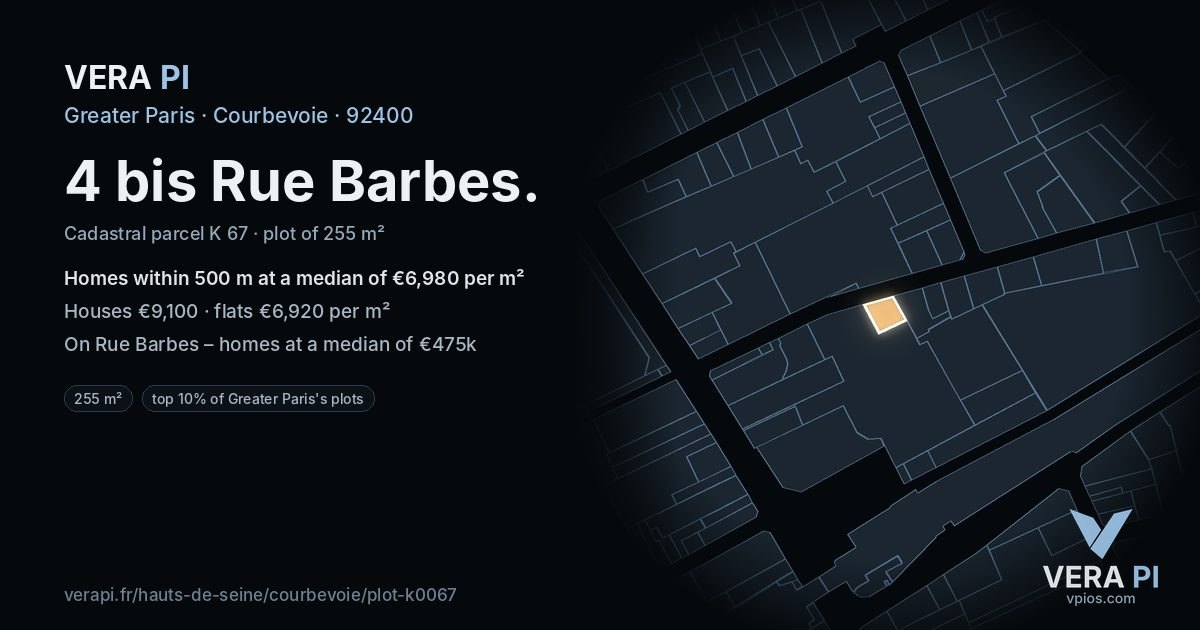 4 bis Rue Barbes, Courbevoie at night – the plot lit, the parcels around coloured by the prices near them