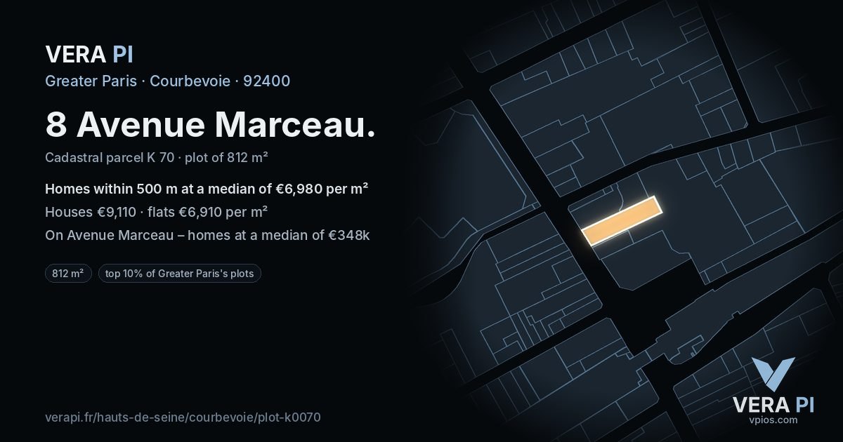 8 Avenue Marceau, Courbevoie at night – the plot lit, the parcels around coloured by the prices near them