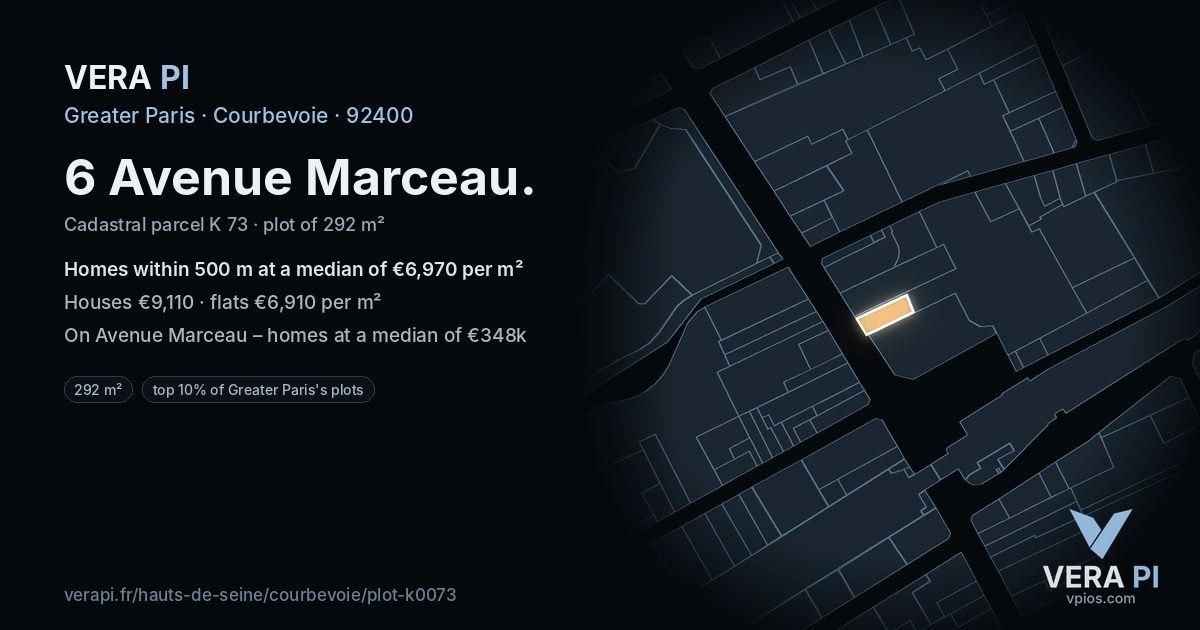 6 Avenue Marceau, Courbevoie at night – the plot lit, the parcels around coloured by the prices near them