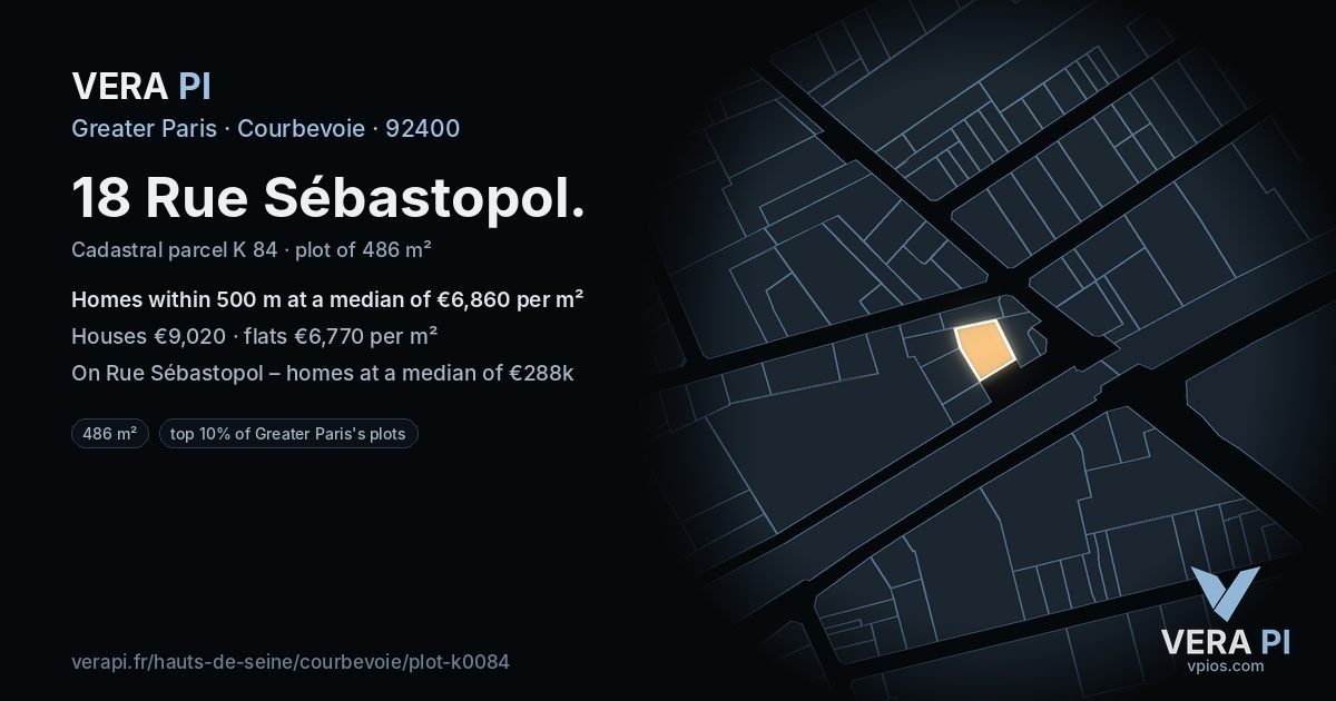 18 Rue Sébastopol, Courbevoie at night – the plot lit, the parcels around coloured by the prices near them