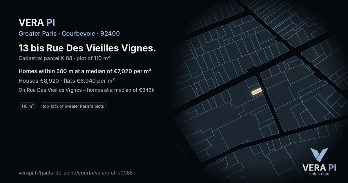 13 bis Rue Des Vieilles Vignes, Courbevoie at night – the plot lit, the parcels around coloured by the prices near them