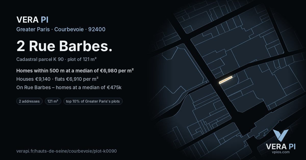 2 Rue Barbes, Courbevoie at night – the plot lit, the parcels around coloured by the prices near them