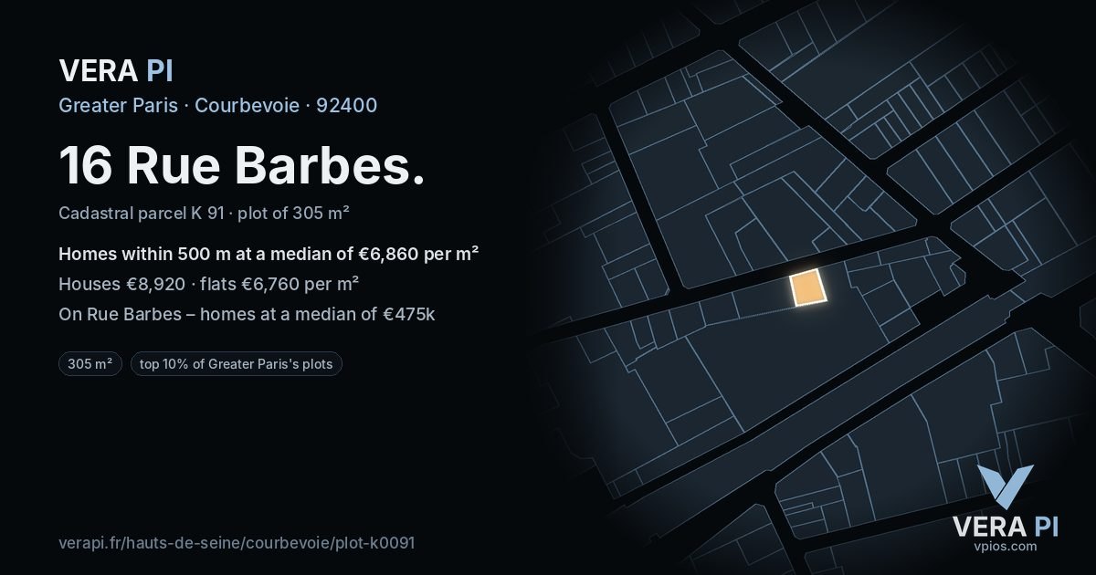 16 Rue Barbes, Courbevoie at night – the plot lit, the parcels around coloured by the prices near them