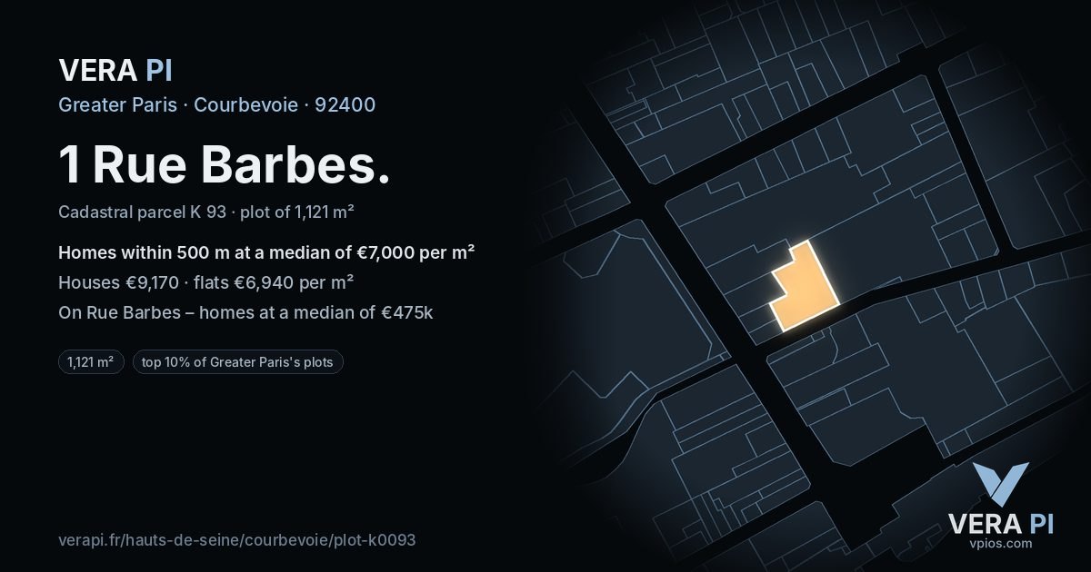 1 Rue Barbes, Courbevoie at night – the plot lit, the parcels around coloured by the prices near them