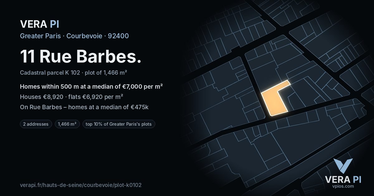 11 Rue Barbes, Courbevoie at night – the plot lit, the parcels around coloured by the prices near them