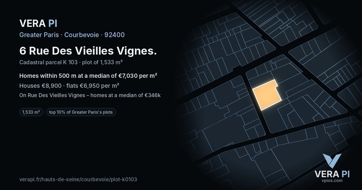 6 Rue Des Vieilles Vignes, Courbevoie at night – the plot lit, the parcels around coloured by the prices near them