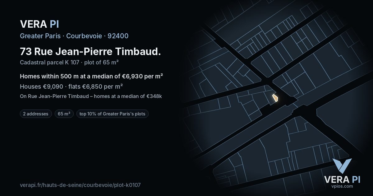 73 Rue Jean-Pierre Timbaud, Courbevoie at night – the plot lit, the parcels around coloured by the prices near them