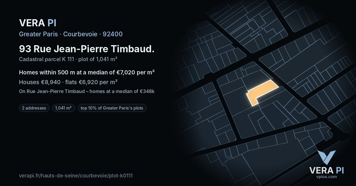 93 Rue Jean-Pierre Timbaud, Courbevoie at night – the plot lit, the parcels around coloured by the prices near them