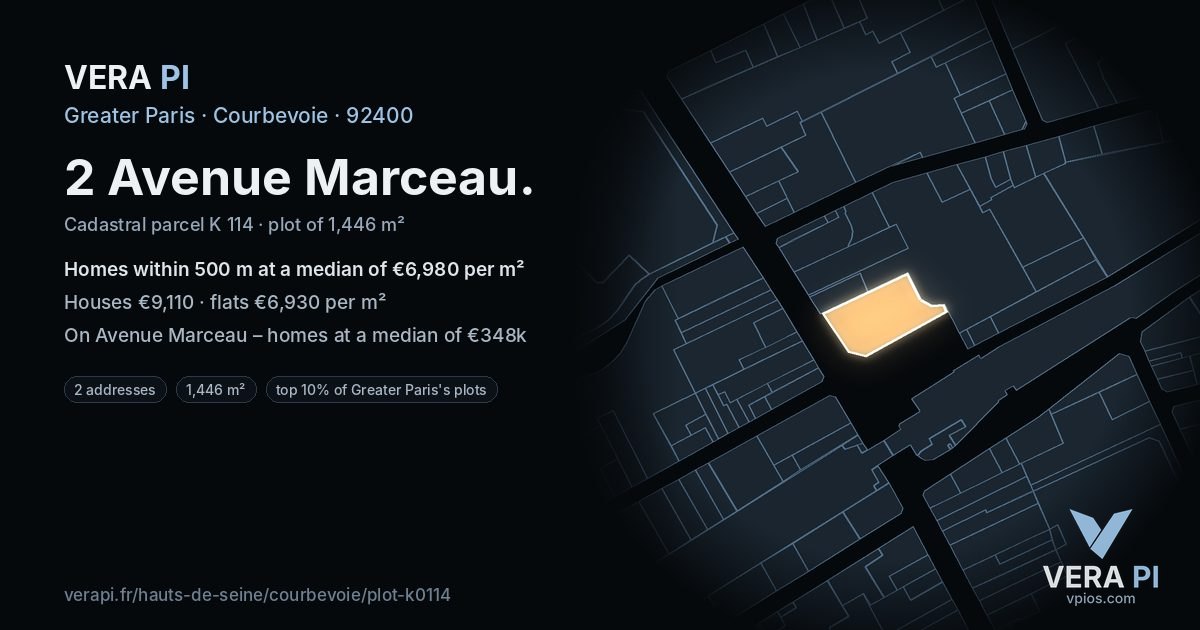 2 Avenue Marceau, Courbevoie at night – the plot lit, the parcels around coloured by the prices near them