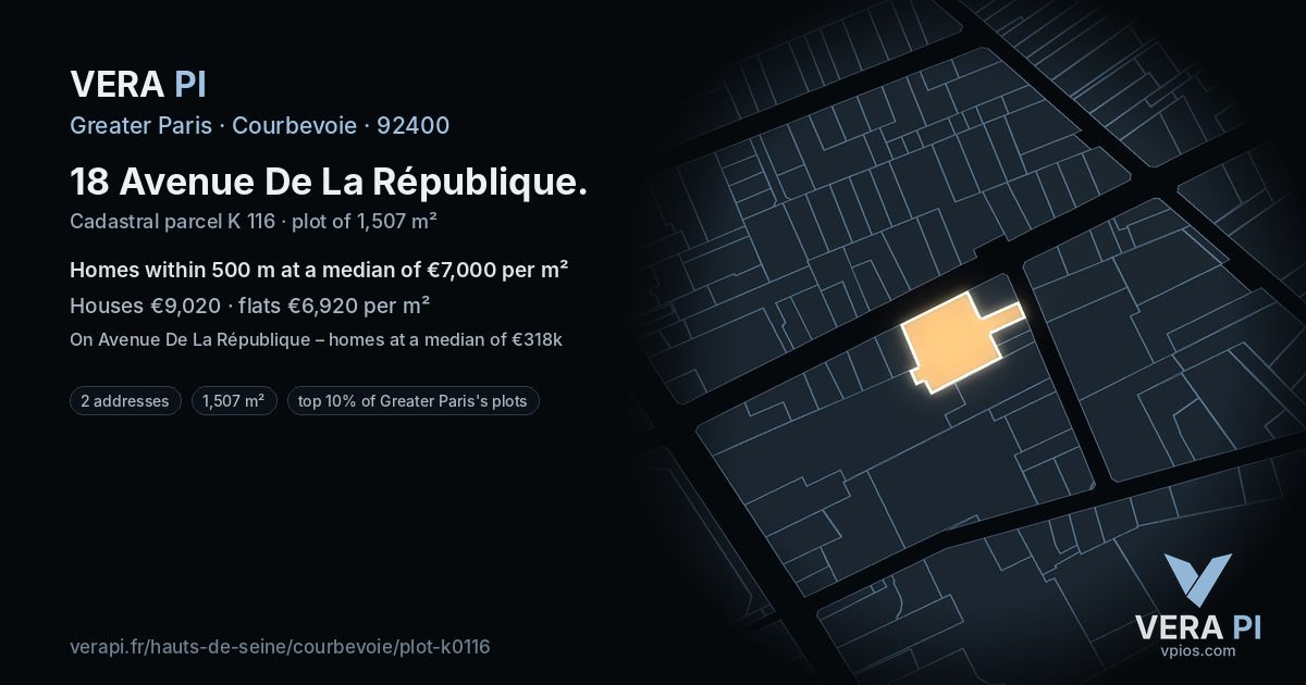 18 Avenue De La République, Courbevoie at night – the plot lit, the parcels around coloured by the prices near them
